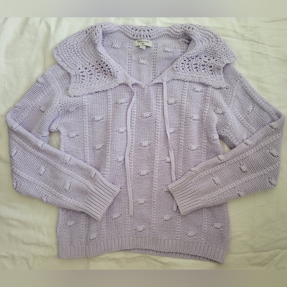 Knit Cardigan Sweater Textured Collared Women Size Large Sandy Liang Lilac Long